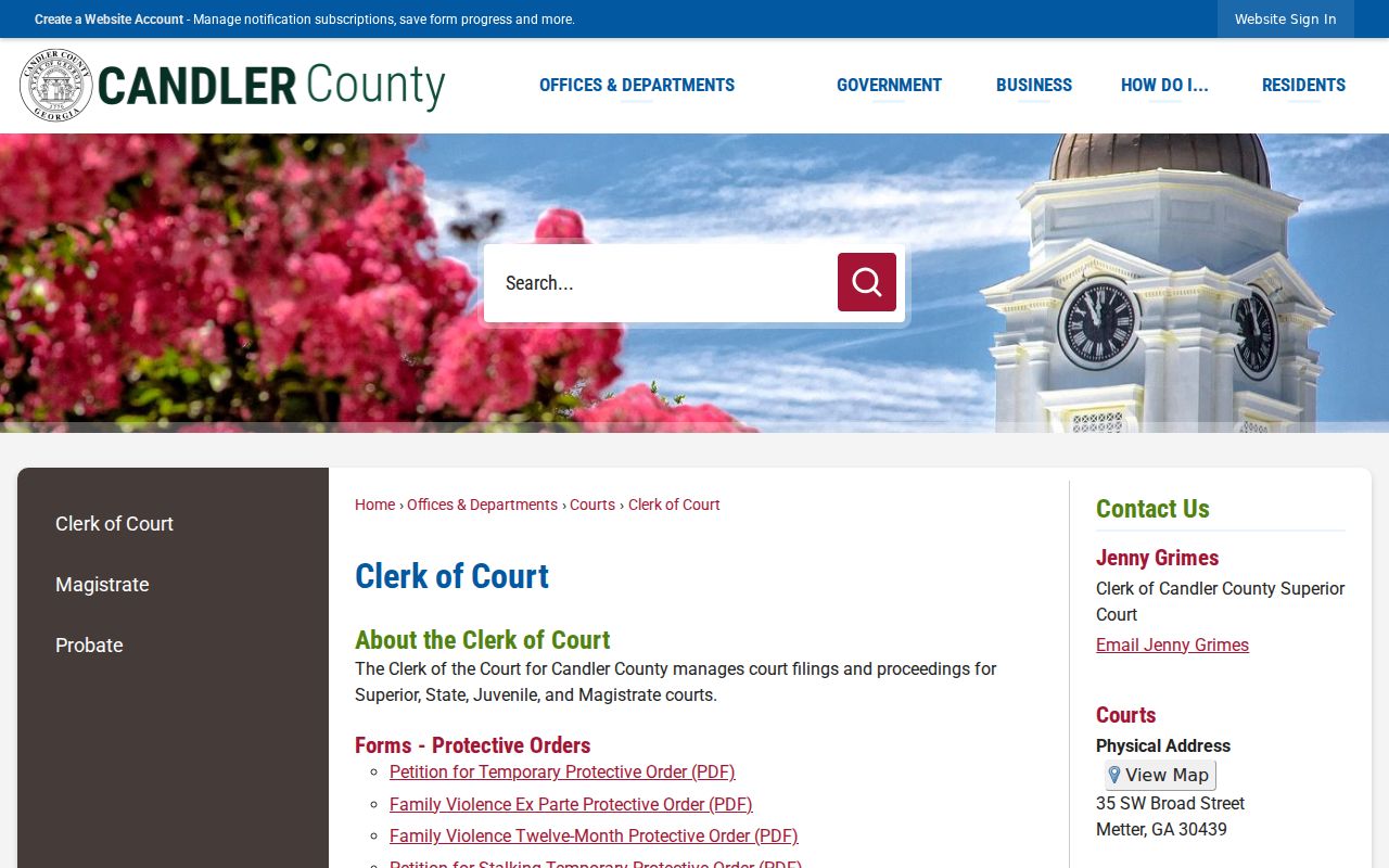 Candler County Clerk of Court warrant record contact page